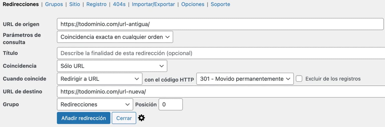 redireccion con plugin redirection