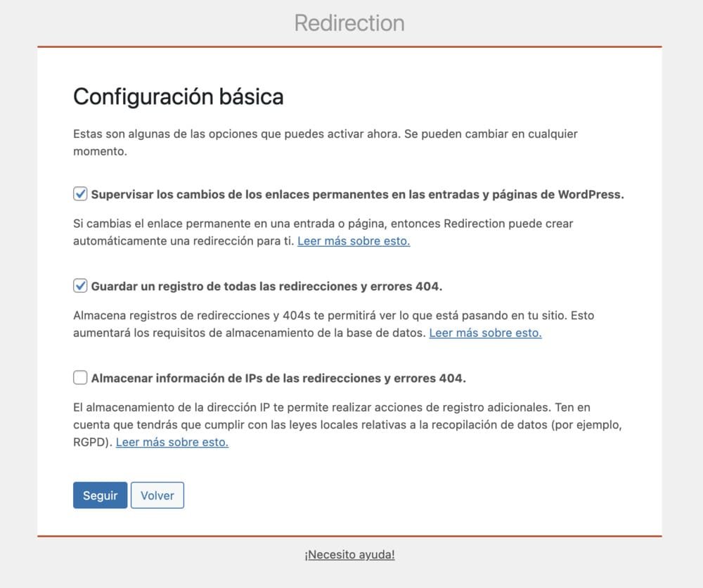 Configuración inicial del plugin Redirection